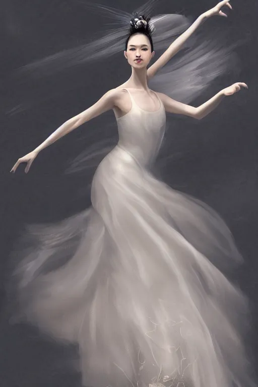 Prompt: prima ballerina dancing in the wind, asian beautiful face, ethereal, bride, beautiful wedding dress, gorgeous, volumetric lighting, elegant, fluid, very highly detailed, digital painting, concept art, illustration, limited color palette, atmosphere and tension, trending on artstation
