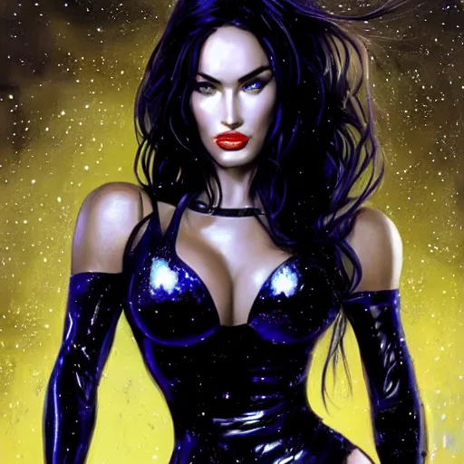 Prompt: portrait of megan fox as zartanna, wearing a tight black latex dress with galaxy lights and stars, sultry muscular body, fantasy, intricate, elegant, highly detailed, digital painting, artstation, concept art, matte, sharp focus, perfect face symmetry, illustration, art by aenaluck and roberto ferri and greg rutkowski, epic fantasy, digital painting