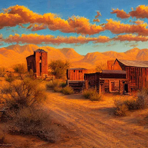 Image similar to an oil painting of a wild west ghost town in the sonora desert by frank maggiori, golden hour, sunlight