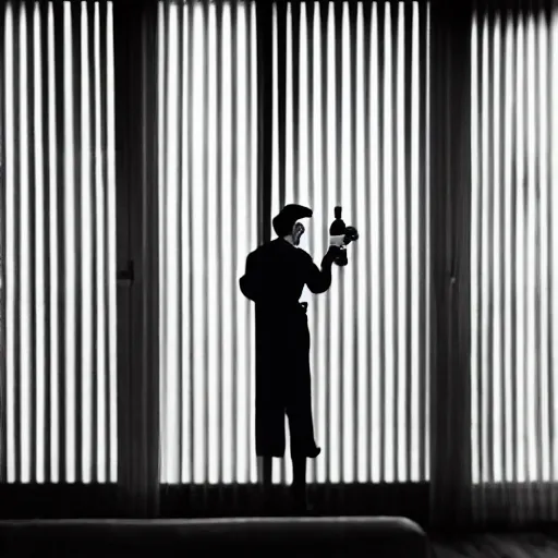 Image similar to wide angle of detective standing in apartment holding a bottle of alcohol, venetian blinds in the background, table and chairs against the wall, black and white, 4k, movie frame from 1940s noir film