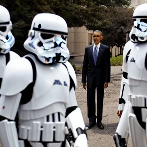 Image similar to Obama infront of an leading Army of Stormtrooper attacking the White house, Obama has a red lightsaber in his right hand, high field of view, focus is on Obama and the Stormtrooper behind him, 40nm lens, shallow depth of field, split lighting, 4k,