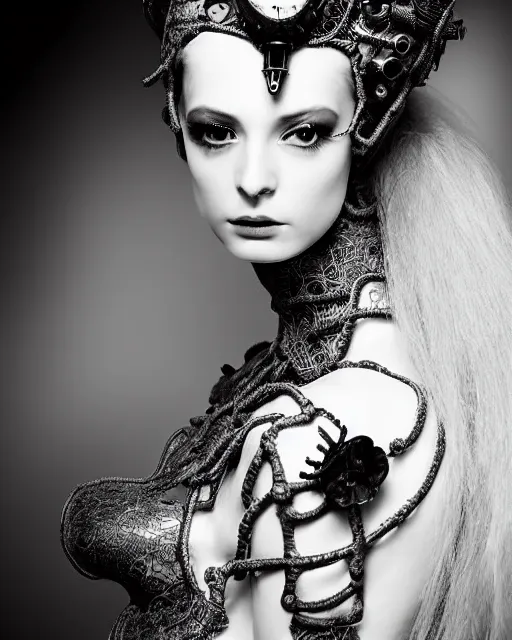 Prompt: a black and white high quality dreamy photo of a young beautiful female queen-silver dragon-vegetal-flower-cyborg black lace veiled bust with a very long glass steampunk cyborg neck, elegant, highly detailed, poetic, soft, dreamy, mysterious, high fashion, in the style of Horst P. Horst, Metropolis, Realistic, Refined, Digital Art, Highly Detailed, Cinematic Lighting, rim light, black and white, photo-realistic, 8K