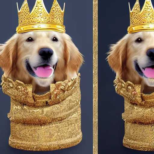 Image similar to Photomanipulation of golden retriver king , is dressed as a king, ultrarealism, photorealism, detailed, crown and gown