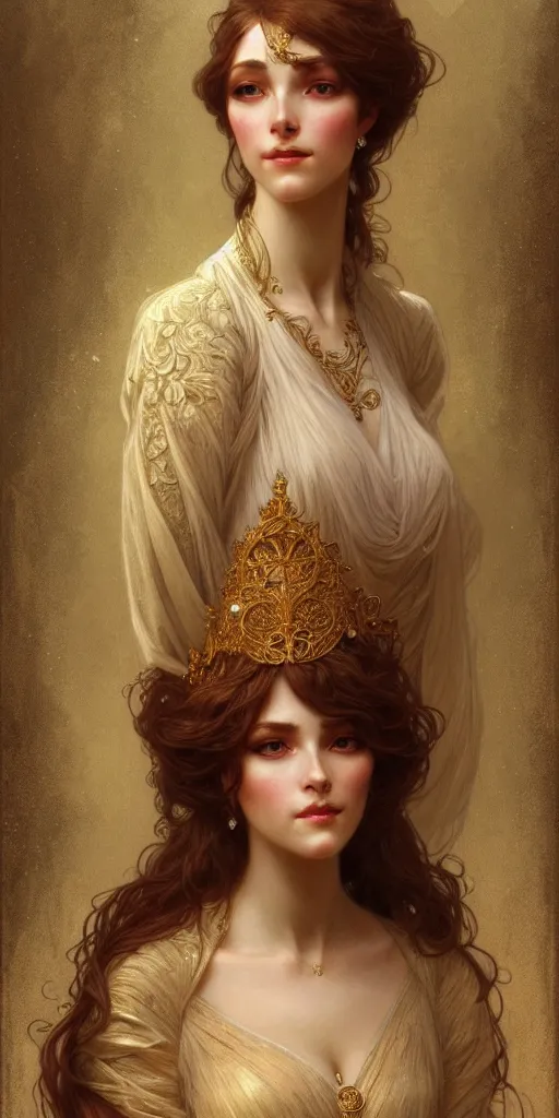 Image similar to character portrait of a modest woman, tall, feminine, powerful, modestly clothed, voluminous, intricate, elegant, highly detailed, digital painting, artstation, smooth, symmetrical, sharp focus, illustration, art by gaston bussiere and alphone mucha