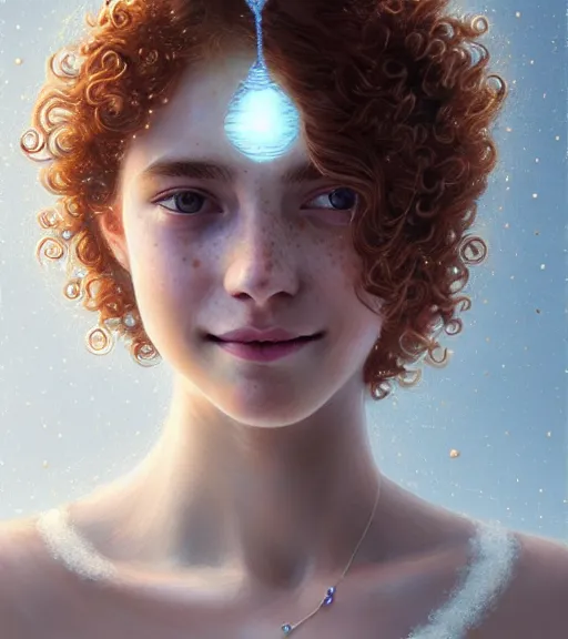 Image similar to portrait of teenage aphrodite, light freckles, curly copper colored hair, smiling kindly, wearing an embroidered white linen dress, intricate, elegant, mother of pearl jewelry, glowing lights, highly detailed, digital painting, artstation, concept art, smooth, sharp focus, illustration, art by wlop, artgerm, and greg rutkowski