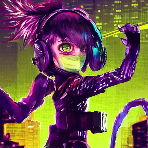 Image similar to portrait of the tokyo-ghoul masked joyful adolescent tiktoker girl Aurora, purple dawn in Santiago of Chile on the background, #pixelart by Yoji Shinkawa, Ryuichi Sakamoto, Esao Andrews and Yoshitaka Amano