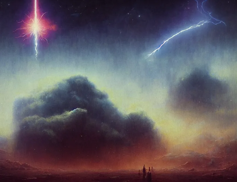 Prompt: a space laces kind of poster cinematic sci - fi scene and science fiction theme with lightning, aurora lighting. clouds and stars. smoke. a ball of light in the middle. futurism. fantasy. by beksinski carl spitzweg and tuomas korpi. baroque elements. oil painting. dramatic. artstation. 8 k