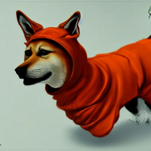 Image similar to a aesthetic award winning commission of a antrho shiba inu wearing an orange hoodie,art by greg rutkowski,character design by charles bowater,ross tran,hyperdetailed,photorealistoc,detailed face,4k,cute,artstation,deviantart