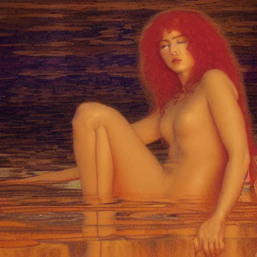 Image similar to beautiful woman suspended in water with silk clothing , 4k, by Jean Delville, cinematic lighting