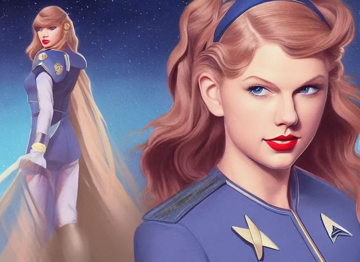 Image similar to a disney film still of taylor swift as a star trek officer, finely detailed features, closeup of the face, perfect art, dusk, blue hour, gapmoe yandere grimdark, trending on pixiv fanbox, painted by greg rutkowski, makoto shinkai, takashi takeuchi, alphonse mucha, akihiko yoshida