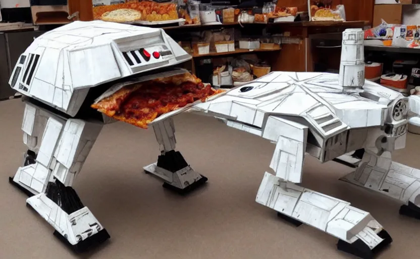 Prompt: a starwars at - at made of pizza