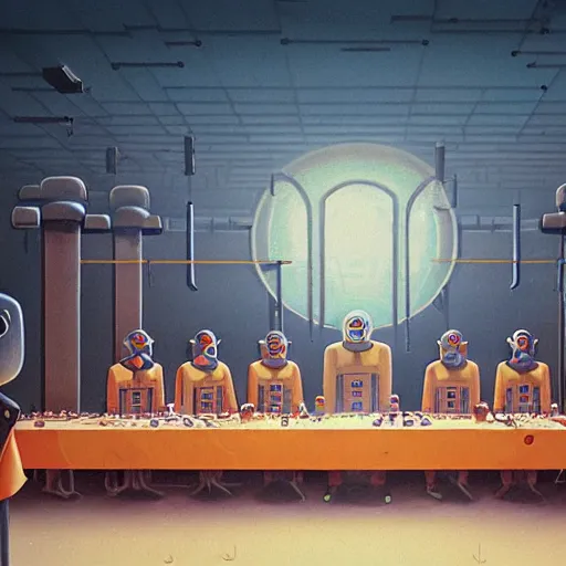 Image similar to the last supper with robots by simon stalenhag