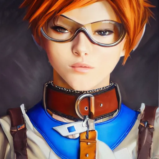 Image similar to oil painting of tracer overwatch in a field wearing large leather belt choker collar around neck, in style of mark arian, expressive face, detailed face, detailed eyes, full body, feminine face, tracer overwatch,