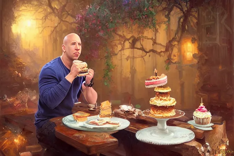 Prompt: portrait of vin diesel eating cake alone wearing a birthday hat, an oil painting by ross tran and thomas kincade