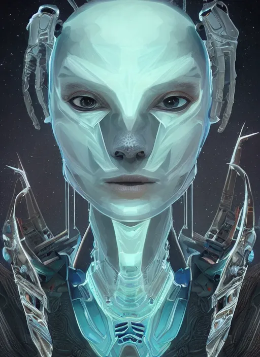 Image similar to symmetry!! portrait of alien made of ice in the style of horizon zero dawn, machine face, intricate, elegant, highly detailed, digital painting, artstation, concept art, smooth, sharp focus, illustration, art by artgerm and greg rutkowski and alphonse mucha, 8 k