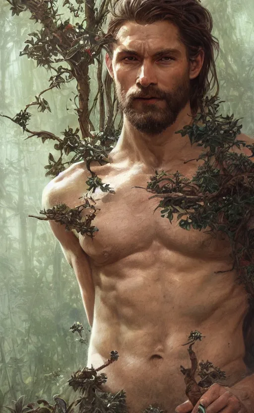 Image similar to god of the forest, 3 0 years old, rugged handsome, male, gorgeous, detailed face, clean lines, cinematic light, amazing, full body, flowers, muscular, intricate, highly detailed, digital painting, artstation, concept art, sharp focus, illustration, art by greg rutkowski and alphonse mucha