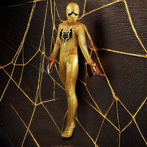 Image similar to gold spider - man suit with black web lining, cinematic, volumetric lighting, realistic, hyperdetailed, photorealistic, photograph