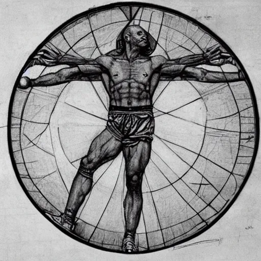 Image similar to Michael Jordan as the Vitruvian Man by leonardo da vinci, detailed, 8k, intricate blueprint