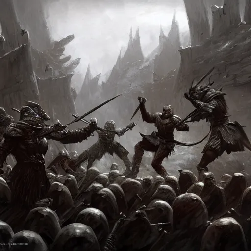 Image similar to Ralof from Skyrim fighting imperial soldiers, by Marc Simonetti