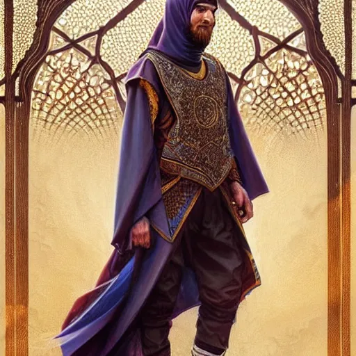 Image similar to lionel messi wearing emarati kandora, d & d, fantasy, intricate, elegant, highly detailed, digital painting, artstation, concept art, matte, sharp focus, illustration, art by artgerm and greg rutkowski and alphonse mucha