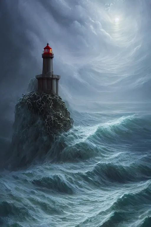 Prompt: epic scene of monstrous cthulhu rising from the stormy ocean near a dramatic coastline with lighthouse by peter mohrbacher, h p lovecraft, cthulhu, masterpiece, artstation, digital painting