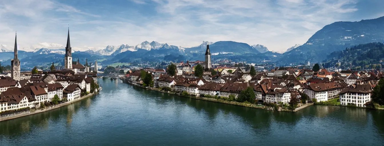 Image similar to Photo of Zurich, looking down the Limmat at the lake and the alps, Hardturm, Grossmünster, Lindenhof, Üetliberg, wide angle, volumetric light, hyperdetailed, light blue water, artstation, cgsociety, 8k