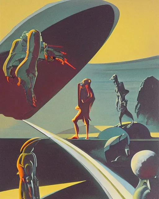 Prompt: two dark figures conversing in an artdeco landscape on an alien planet, painting by Francis Bacon and Norman Rockwell. Art by Syd Mead and Frank Lloyd Wright, surrealism