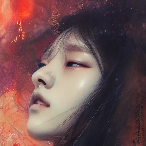 Image similar to jisoo of blackpink, snake, hyperrealistic portrait, bladerunner street, by karol bak and agnes cecile, album cover, fantasy art, photo realistic, dynamic lighting, artstation, poster, volumetric lighting, very detailed face, 8 k, award winning