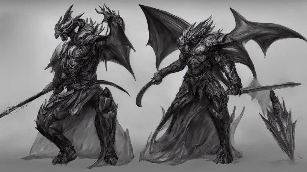 Image similar to concept art, chatacter sheet, dragon-shaped human, full color, warrior, spear, white and black clothes, trending on artstation