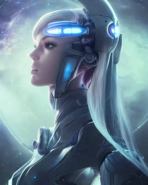 Image similar to perfect android girl on a mothership, warframe armor, beautiful face, scifi, futuristic, galaxy, nebula, raytracing, dreamy, long white hair, blue cyborg eyes, sharp focus, cinematic lighting, highly detailed, artstation, divine, by gauthier leblanc, kazuya takahashi, huifeng huang