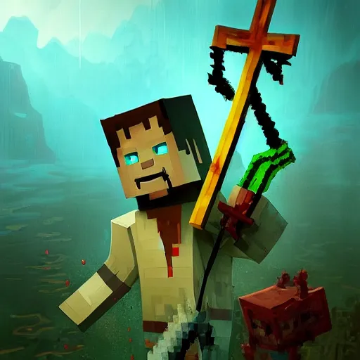 Image similar to painting by greg rutkowski of a minecraft drowned zombie holding a trident with glowing cyan eyes, wearing ragged clothing and and algae growing on it, holding a trident, underwater