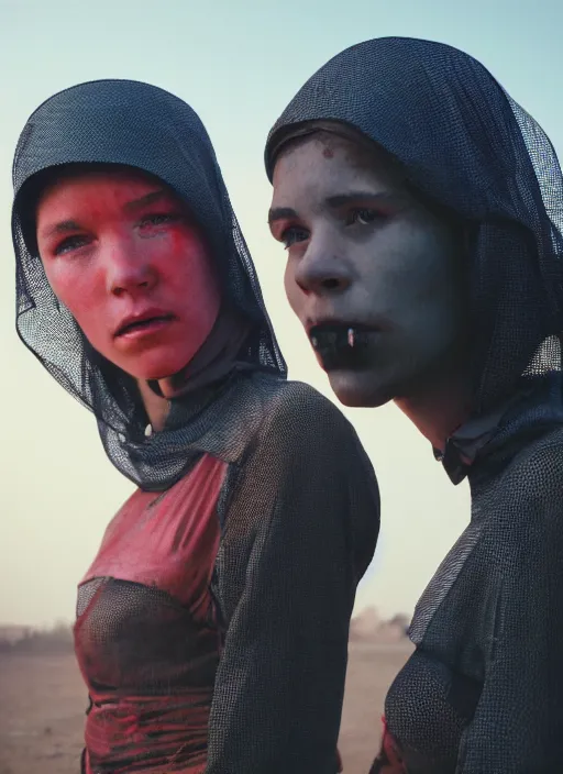 Image similar to cinestill 5 0 d photographic portrait by steve mccurry of two loving female androids wearing rugged black mesh techwear in a brutalist compound with a red sky, extreme closeup, cyberpunk style, dust storm, 8 k, hd, high resolution, 3 5 mm, f / 3 2, ultra realistic faces, ex machina