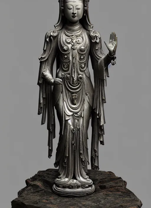 Image similar to a art deco sculpture statue of full body guanyin, intricate complexity,, statue by jane hamilton, ruan jia, character concept, radiant light,, frostbite 3 engine, cryengine, dof, trending on artstation, digital art, fantasy detailed abackground