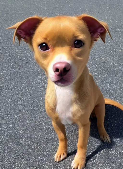 Image similar to fully grown tan pit bull, long - haired chihuahua, pomeranian mix