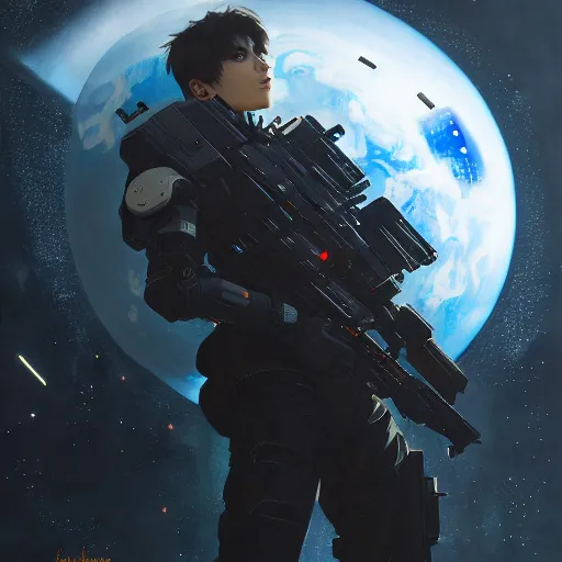 Image similar to award winning, extremely photorealistic, bokeh, beautiful detail, stars in the sky, cybernetic, sci-fi space game art, jeon Jungkook holding a gun. alien planet art by Akihito Yoshitomi AND Yoji Shinkawa AND Greg Rutkowski, Mark Arian trending on artstation