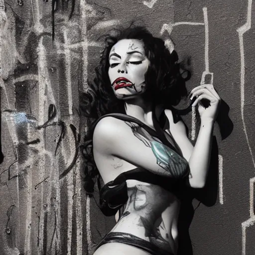Prompt: rough rugged graffiti of a pinup girl on a black wall