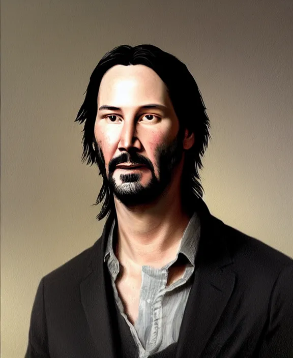 Image similar to portrait of keanu reeves as a kentucky farmhand, art by denys tsiperko and bogdan rezunenko and george caleb bingham, hyperrealism