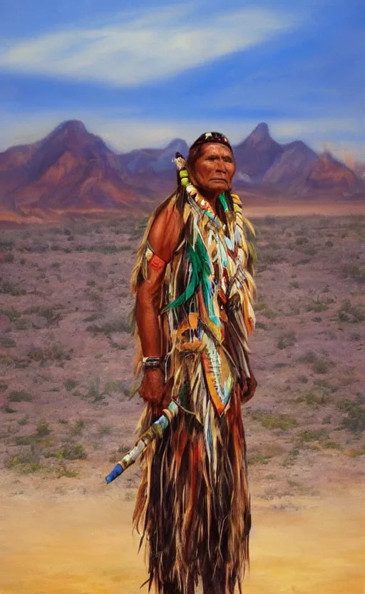 Prompt: full shot picture of indigenous leader standing in the desert, painted by lucian frued, hd, realistic lighting