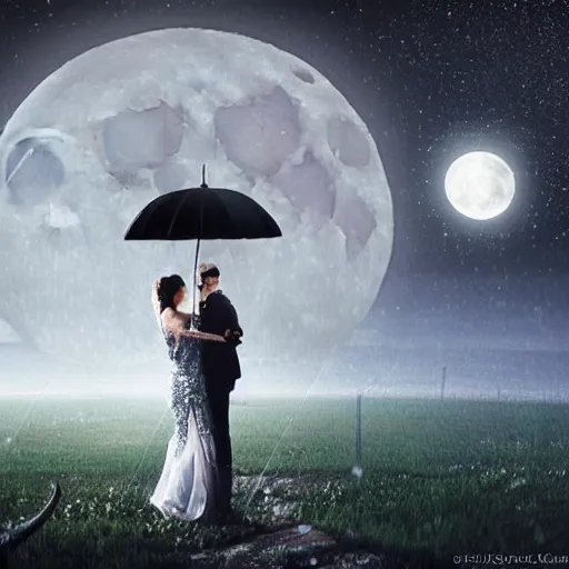 Image similar to rain, moon, knight and princess, realistic photography