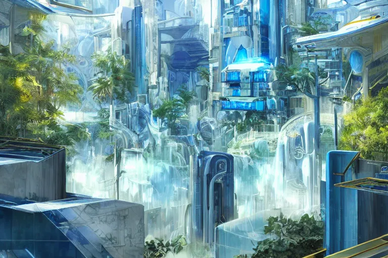 Image similar to futuristic cyberpunk city with Singaporean lush garden with royal blue and green and white and luxurious gold colors at Pamukkale, thermal waters flowing down white travertine terraces, intricate, elegant, luxurious, digital painting, concept art, smooth, sharp focus, from Star Trek 2021, illustration, by WLOP and Ruan Jia and Mandy Jurgens and William-Adolphe Bouguereau, Artgerm