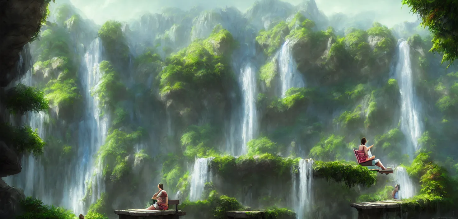 Prompt: a painting of a waterfall with a person sitting on a bench, a detailed matte painting by tyler edlin, artstation, fantasy art, matte painting, 2 d game art, deviantart hd