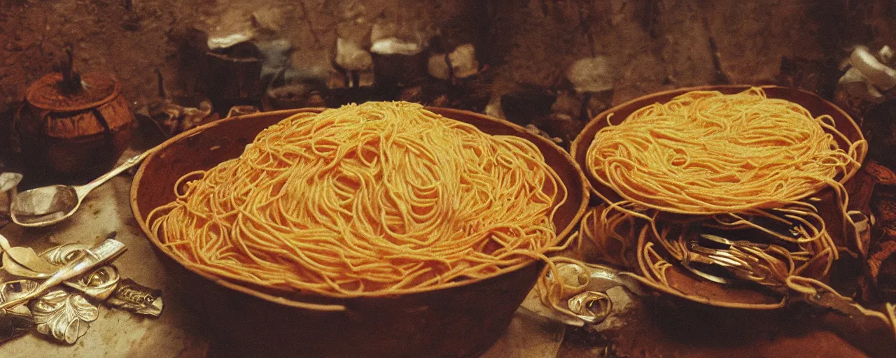 Image similar to the treasure chest of spaghetti in the mali empire, 1 5 0 0 s canon 5 0 mm, kodachrome, retro