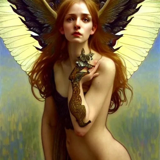 Image similar to Winged girl angel, face, fantasy, intricate, elegant, dramatic lighting, highly detailed, lifelike, photorealistic, digital painting, artstation, concept art, smooth, sharp focus, illustration, art by John Collier and Krenz Cushart and Artem Demura and Alphonse Mucha and Jean-Leon Gerome and and Albert Aublet