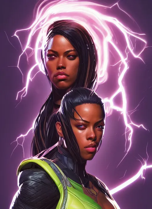 Image similar to portrait of apex legends aaliyah haughton, x - men, storm, elegant, electricity archs, lightning strikes, rippling electromagnetic, highly detailed, digital painting, artstation, glamor pose, concept art, smooth, sharp focus, illustration, art by artgerm and greg rutkowski, artey freytag