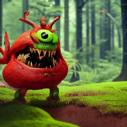 Image similar to a nature photo of a cute, adorable, fury monster eating bugs for lunch while sitting on a red mushroom in the fantasy forest, in the style of Pixar, extremely detailed, wide shot, sharp and detailed, Octane render