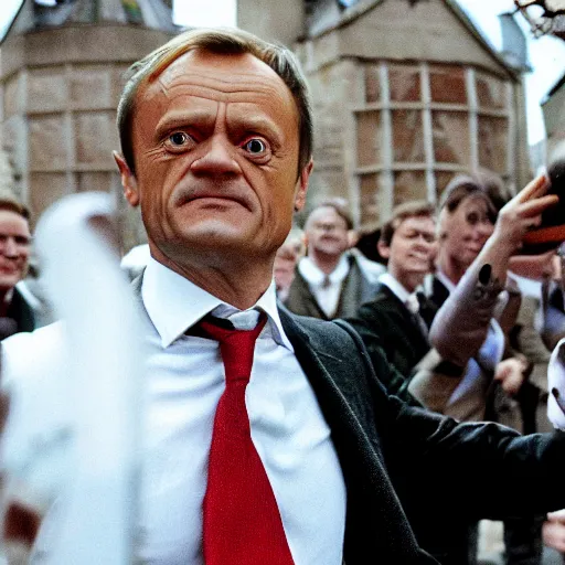 Prompt: donald tusk as harry potter in hogwart