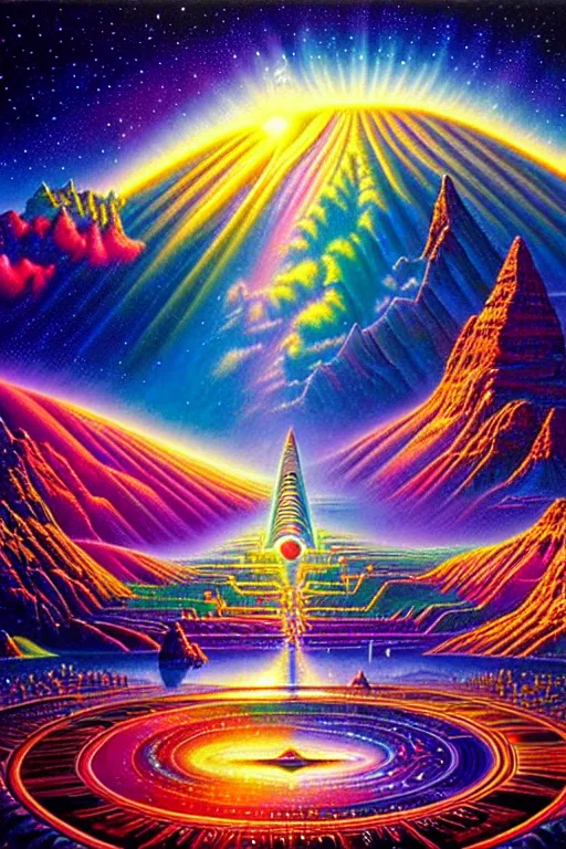 Prompt: a photorealistic detailed image of a beautiful vibrant iridescent future for human evolution, spiritual science, divinity,, by david a. hardy, kinkade, lisa frank, sacred geometry, wpa, public works mural, socialist