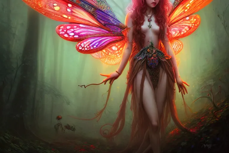 Image similar to stunningly beautiful female faerie priestess in amanita muscaria forest landscape, symmetrical wings on back, symmetrical detailed face, neon hair, fantasy art, dark light night, sharp focus, digital painting, 4 k, concept art, art by wlop, artgerm, greg rutkowski and alphonse mucha