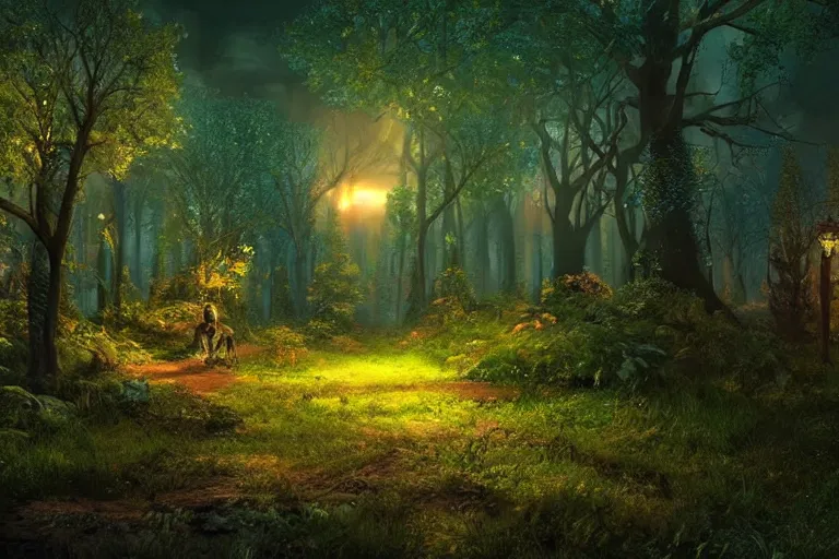 Image similar to An enchanted forest at night, beautiful landscape, fantasy-style, cinematic lighting, photorealism.