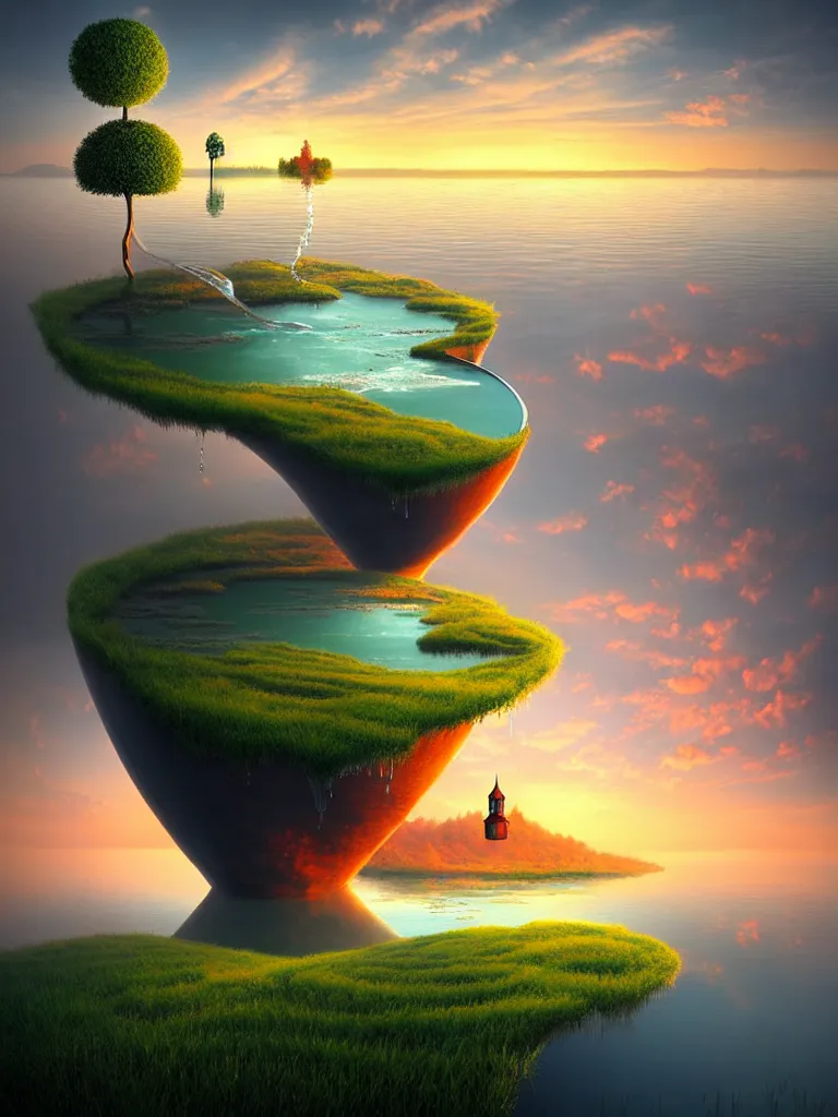 Image similar to a surreal landscape at sunset with a immense gigantic ornated iron chalice cup with a lake inside, water in excess dropping by gediminas pranckevicius